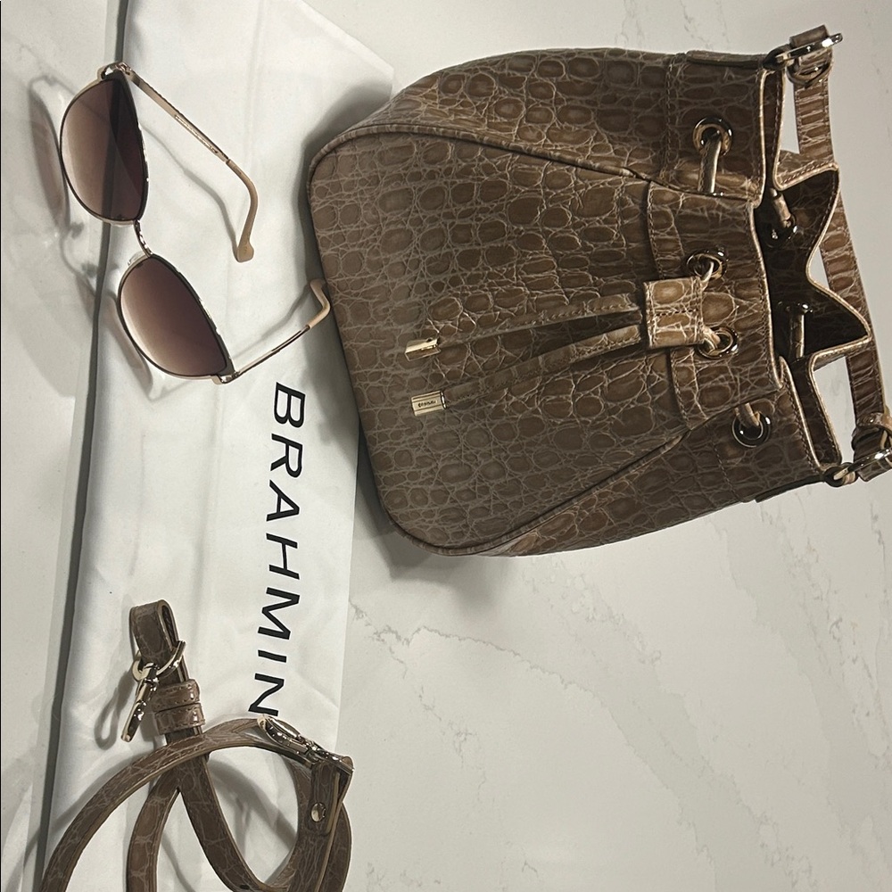 Brahmin Croc-Embossed Drawstring Bucket Bag in Taupe Brown